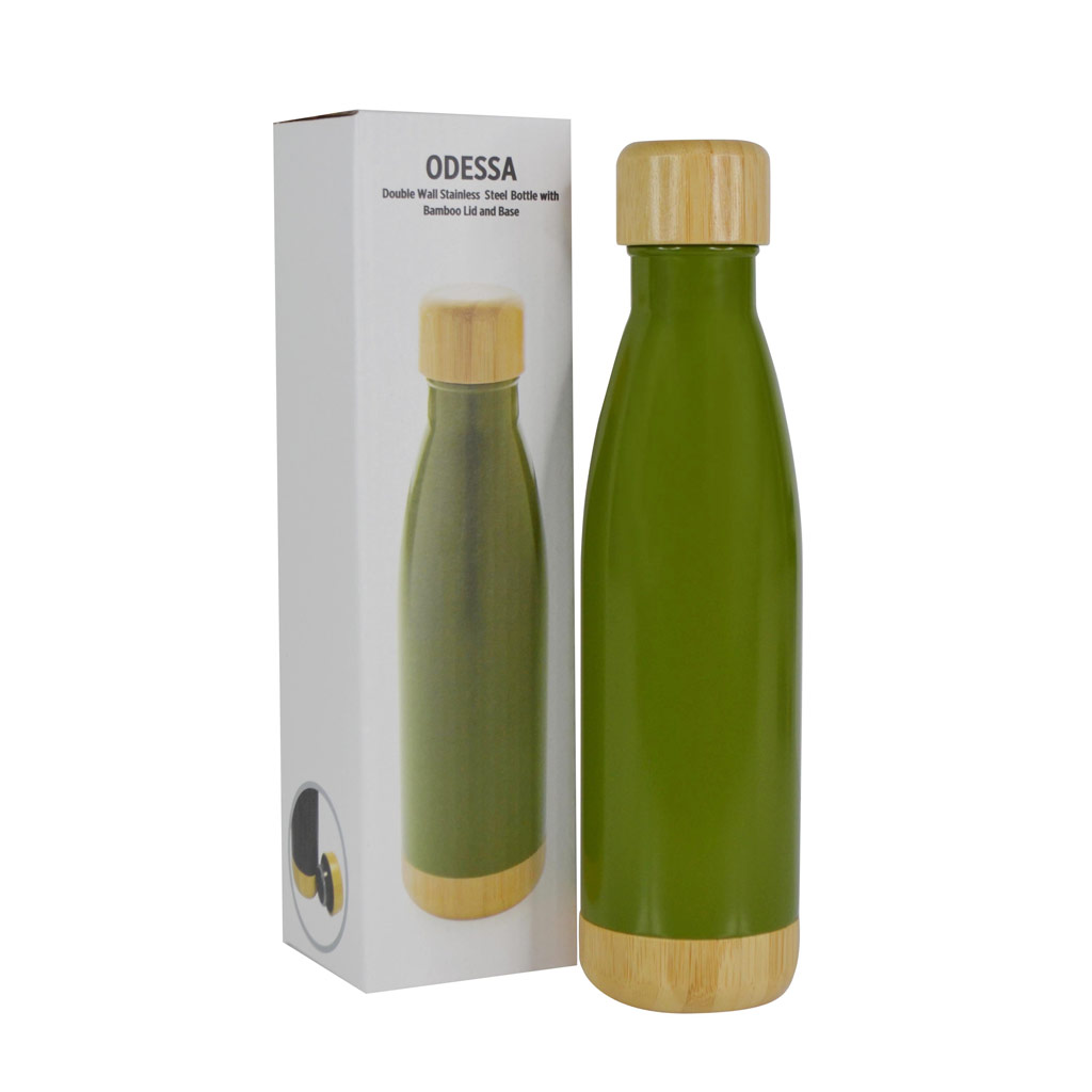 ODESSA - Giftology Double Wall Stainless Bottle with Bamboo Lid and Base - Green - Image 7